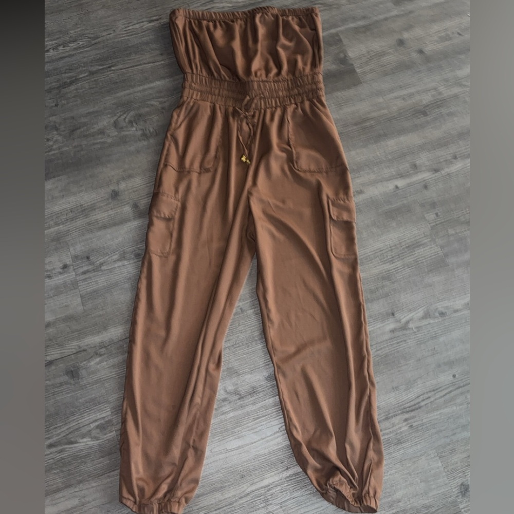 Blush Strapless Cargo Jumpsuit in Brown
